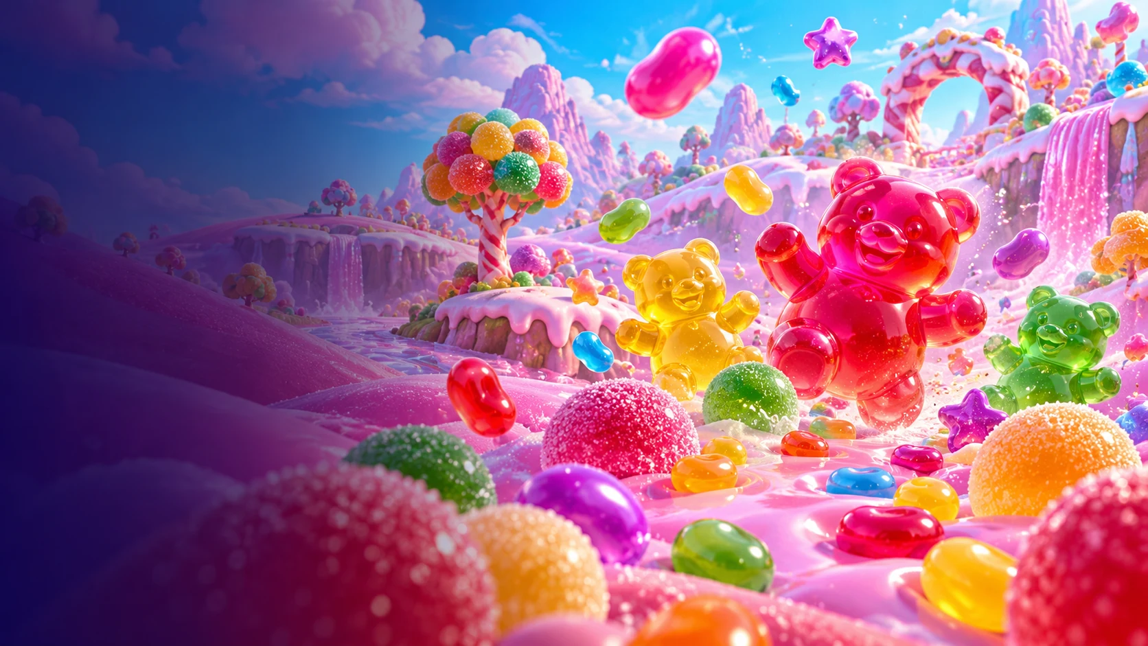 Illustration originale d’un jardin de bonbons colorés avec des oursons en gélatine