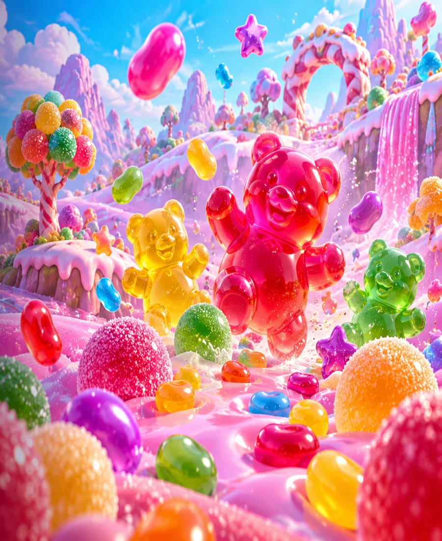 Paysage de confiseries et d’oursons en gélatine pour illustrer les guides Sugar Rush