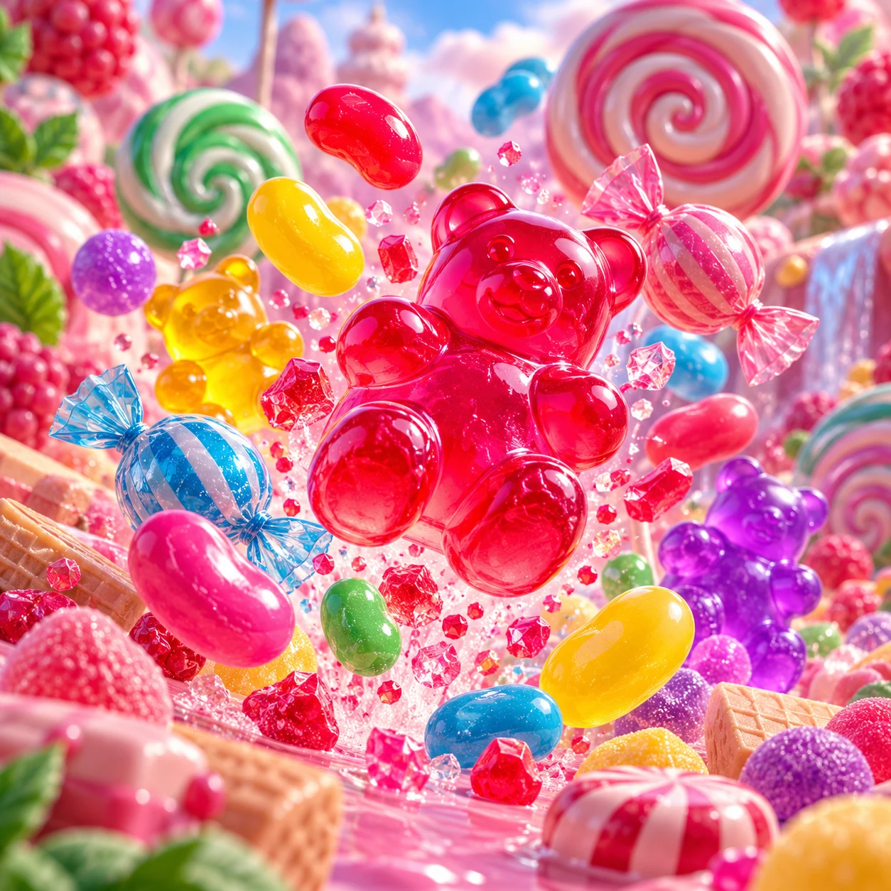 Ourson gélifié rouge, bonbons brillants, sucres et confiseries dans une scène colorée
